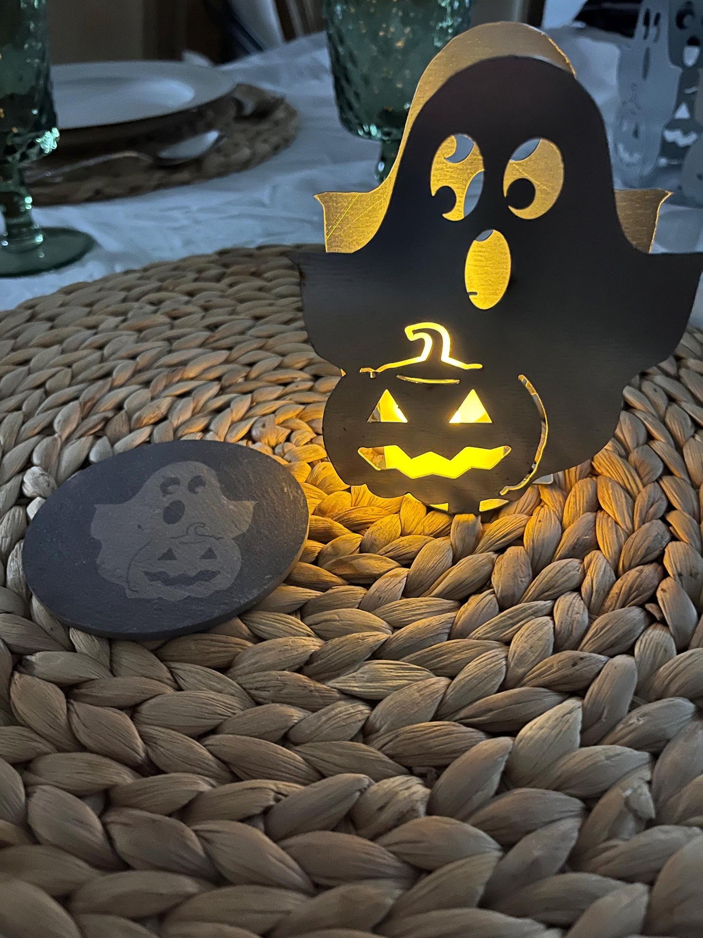 Ghost and Pumpkin Slate Coasters
