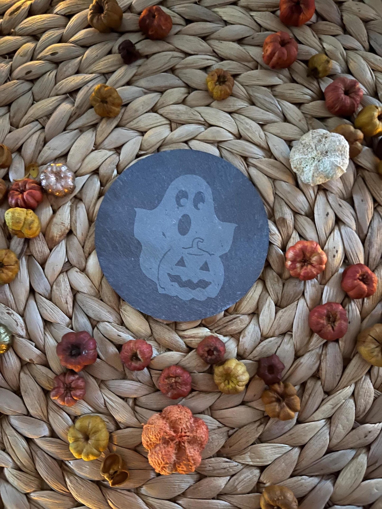 Ghost and Pumpkin Slate Coasters