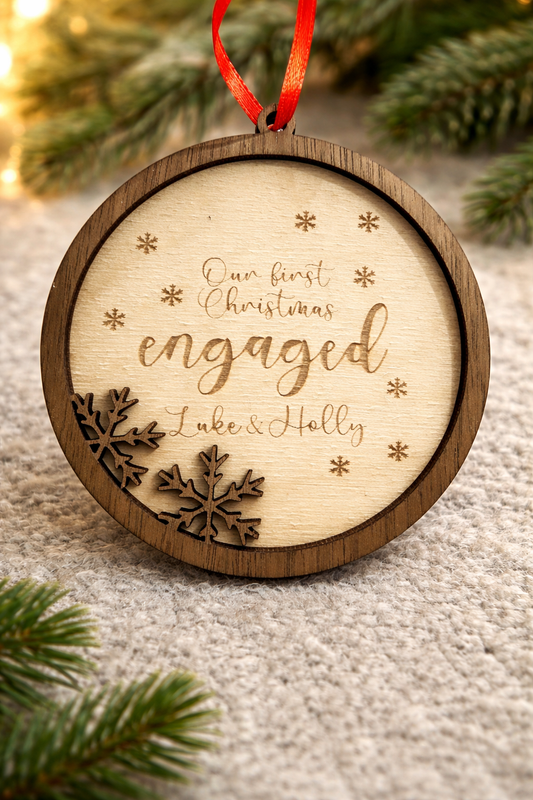 Our First Christmas Engaged - Personalised Wooden Engagement Bauble - Custom Couple's Christmas Decoration Keepsake